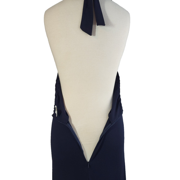 VTG Y2K Cache Beaded Halter Maxi Dress Navy Small Evening Prom Formal Gown READ - Picture 9 of 16